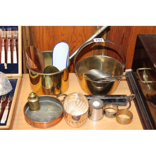 297 - Sanders & Smith brass cooking pot, a miniature jelly pan, curios, a napkin ring, an EP sugar bow... 