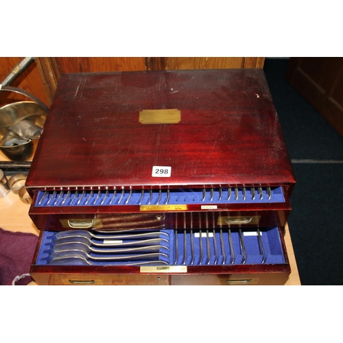 298 - Mahogany cased, two drawer, comprehensive canteen of cutlery.