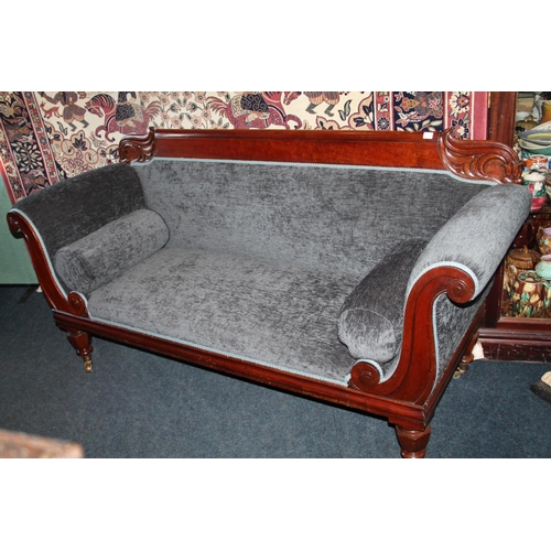 720 - Victorian mahogany blue upholstered scroll arm sofa.