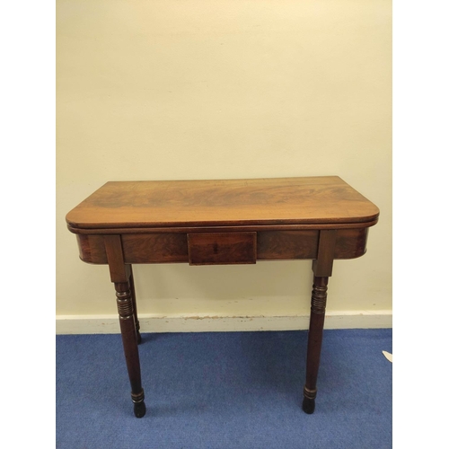 538 - 19th century fold over tea/card table, with a fold over top above an inlaid frieze drawer, on turned... 