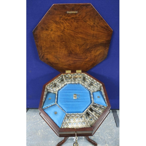 550 - 19th century walnut and mahogany marquetry inlaid sewing table, the octagonal top decorated with a m... 