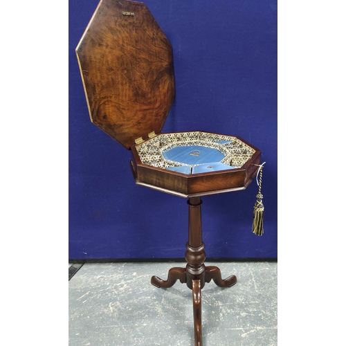 550 - 19th century walnut and mahogany marquetry inlaid sewing table, the octagonal top decorated with a m... 