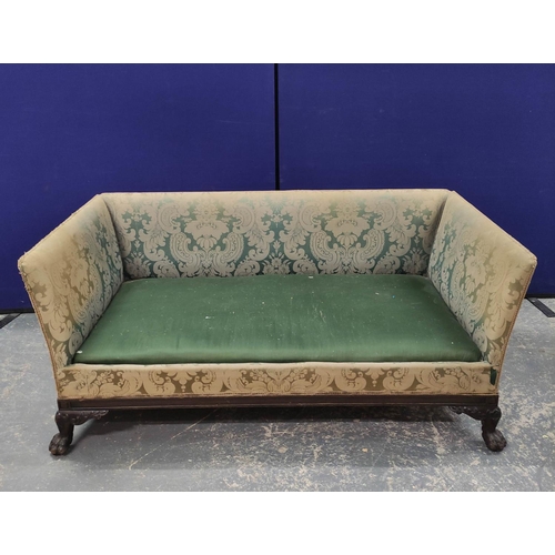 553 - Regency style sofa, upholstered in a pale green floral damask, on carved mahogany hairy paw feet, 69... 