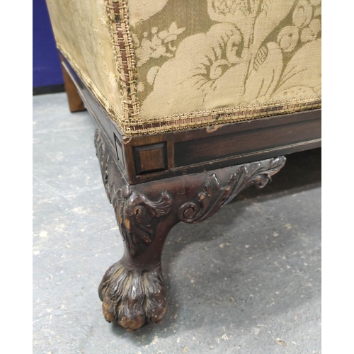 553 - Regency style sofa, upholstered in a pale green floral damask, on carved mahogany hairy paw feet, 69... 