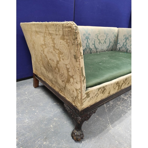 553 - Regency style sofa, upholstered in a pale green floral damask, on carved mahogany hairy paw feet, 69... 