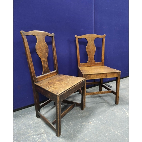 555 - Set of eight Georgian oak country chairs, with fiddle shaped splat backs, on chamfered supports with... 