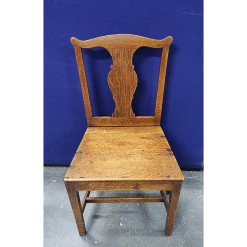 555 - Set of eight Georgian oak country chairs, with fiddle shaped splat backs, on chamfered supports with... 