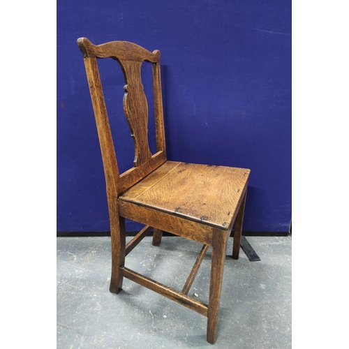 555 - Set of eight Georgian oak country chairs, with fiddle shaped splat backs, on chamfered supports with... 