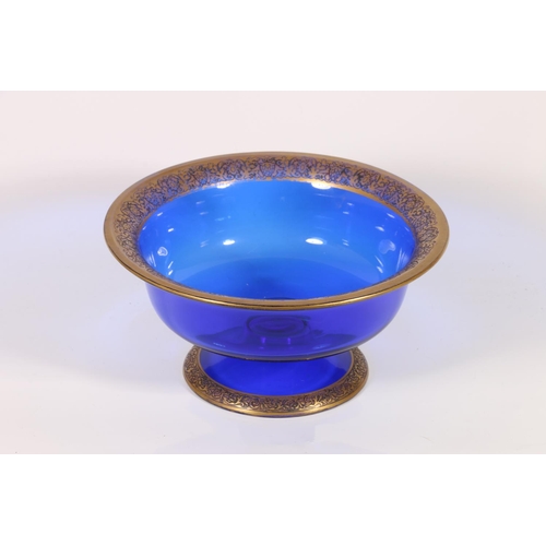 52 - Bohemian blue glass pedestal bowl, with gilt foliate rim, Moser Karlsbad 20cm.