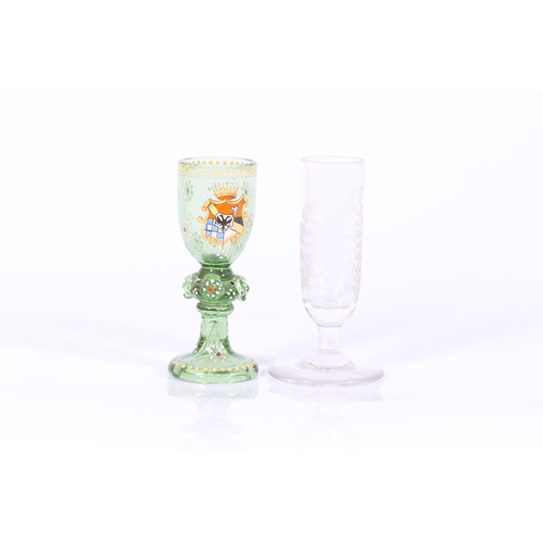 59 - Early liqueur glass with armorial crest, and another fern decorated.  (2)