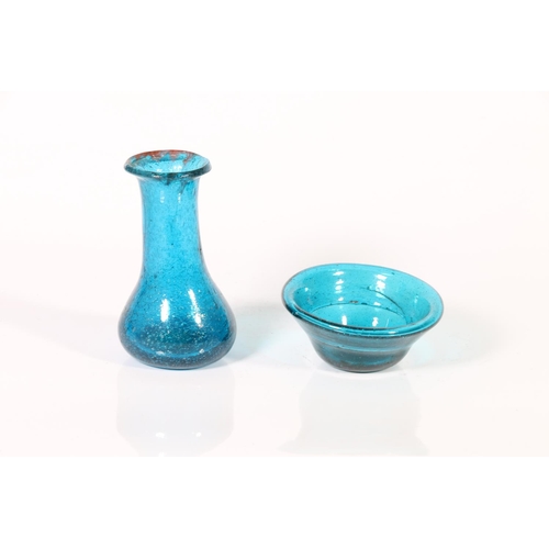 65 - Blue Roman style glass vase and a similar dish, 8.5cm.