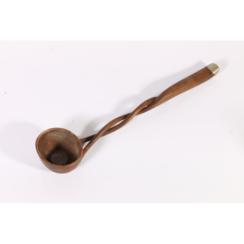 8 - Treen toddy ladle, with inset coin to the bowl and white metal mount to handle, inscribed JM 1736, 2... 