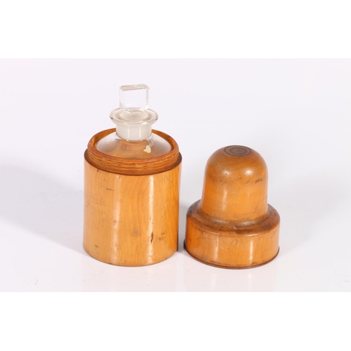 9 - Glass chemist's bottle, within turned wood fitted case, 14cm.