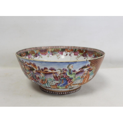 187 - 18th century Chinese export punch bowl in the famille rose palette with panels of figures on terrace... 