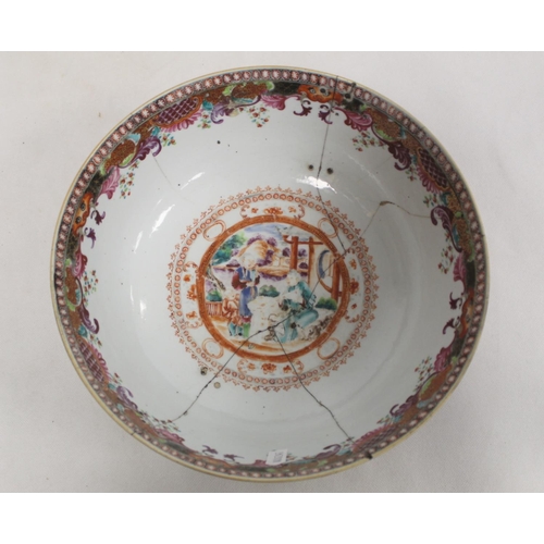 187 - 18th century Chinese export punch bowl in the famille rose palette with panels of figures on terrace... 