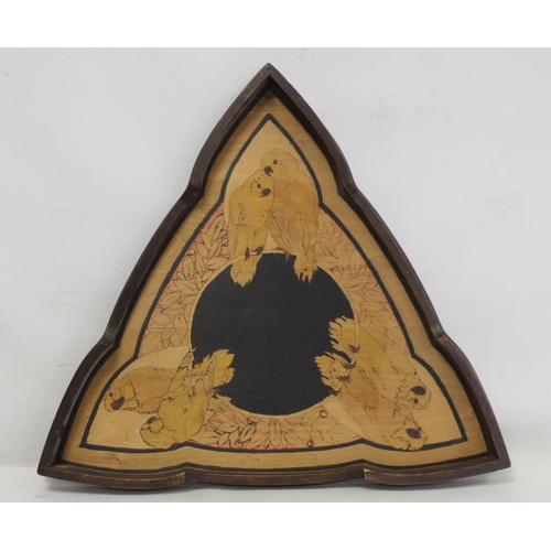 189 - Arts & Crafts pokerwork tray of lobed triangular form decorated with parrots or lovebirds and fo... 