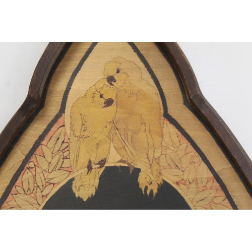 189 - Arts & Crafts pokerwork tray of lobed triangular form decorated with parrots or lovebirds and fo... 