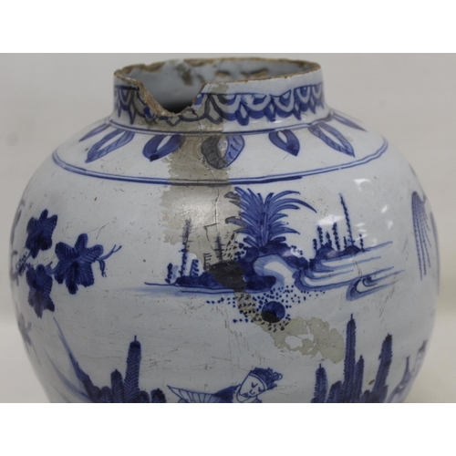 194 - 18th century blue and white Delft vase of baluster form decorated in the Chinese manner with continu... 