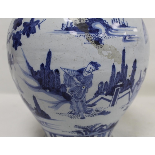 194 - 18th century blue and white Delft vase of baluster form decorated in the Chinese manner with continu... 