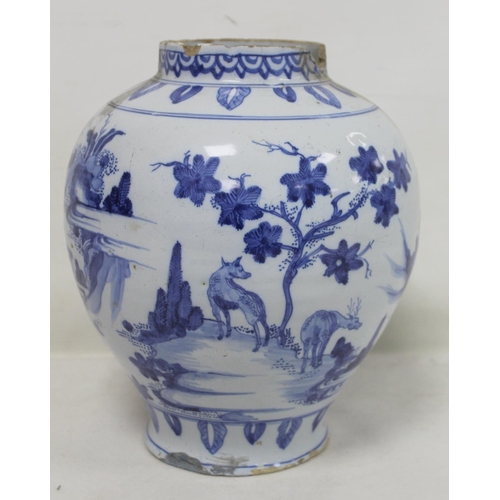 194 - 18th century blue and white Delft vase of baluster form decorated in the Chinese manner with continu... 