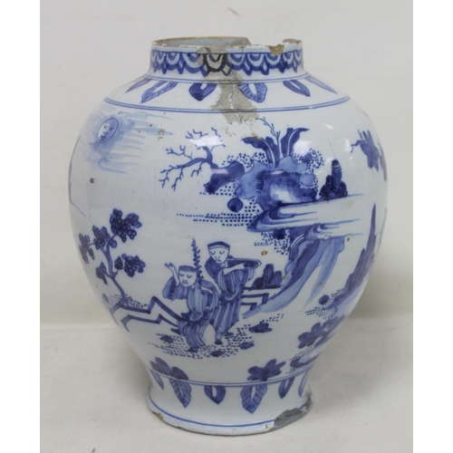 194 - 18th century blue and white Delft vase of baluster form decorated in the Chinese manner with continu... 