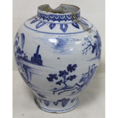 194 - 18th century blue and white Delft vase of baluster form decorated in the Chinese manner with continu... 