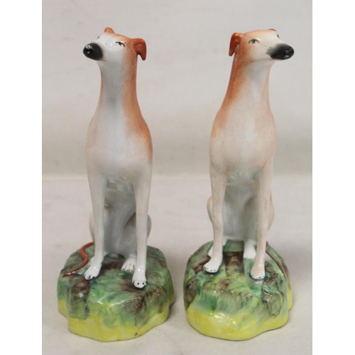 196 - Pair of Staffordshire Pottery greyhounds, each seated on naturalistic domed plinth base, each 21cm h... 