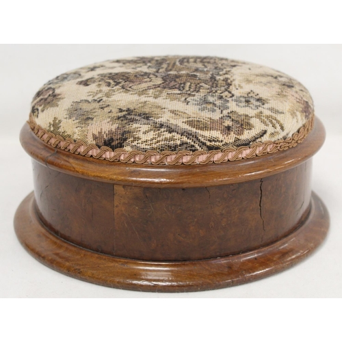 198 - Victorian burr walnut circular foot stool with upholstered top, 28cm diam.