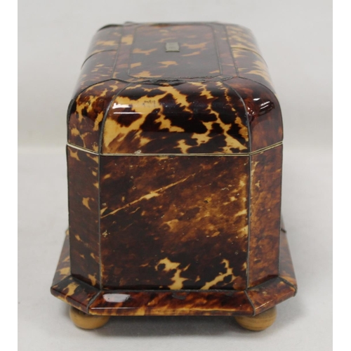 201 - Georgian tortoiseshell tea caddy of canted rectangular form with inlaid white metal stringing, plaqu... 