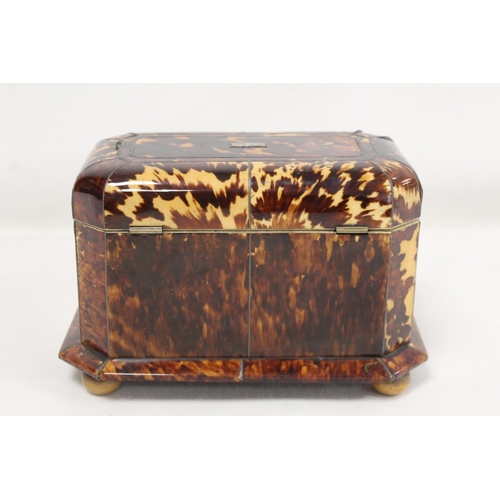 201 - Georgian tortoiseshell tea caddy of canted rectangular form with inlaid white metal stringing, plaqu... 