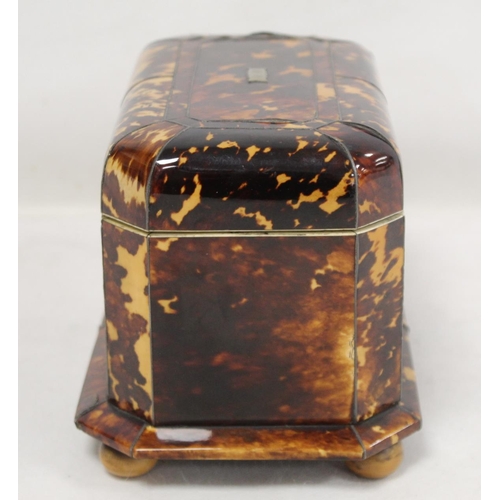 201 - Georgian tortoiseshell tea caddy of canted rectangular form with inlaid white metal stringing, plaqu... 