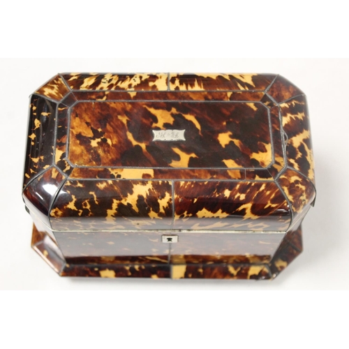 201 - Georgian tortoiseshell tea caddy of canted rectangular form with inlaid white metal stringing, plaqu... 