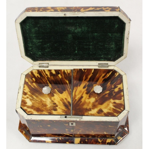 201 - Georgian tortoiseshell tea caddy of canted rectangular form with inlaid white metal stringing, plaqu... 