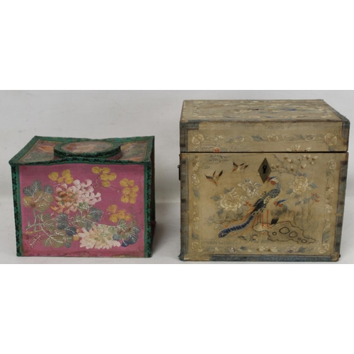 202 - 19th century Chinese export hand painted metal tea canister of rectangular form with applied floral ... 