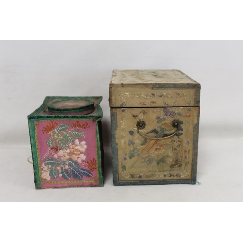 202 - 19th century Chinese export hand painted metal tea canister of rectangular form with applied floral ... 