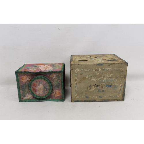 202 - 19th century Chinese export hand painted metal tea canister of rectangular form with applied floral ... 