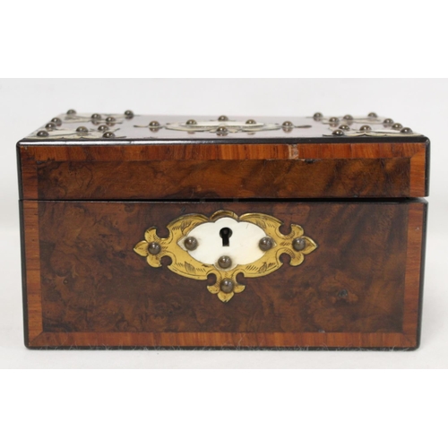 203 - Victorian burr walnut tea caddy of rectangular form with crossbanded borders and applied brass and i... 