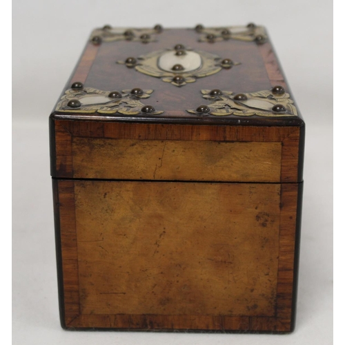 203 - Victorian burr walnut tea caddy of rectangular form with crossbanded borders and applied brass and i... 