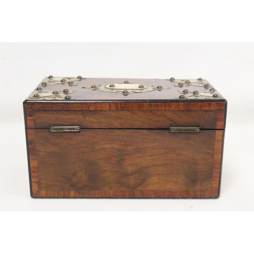 203 - Victorian burr walnut tea caddy of rectangular form with crossbanded borders and applied brass and i... 