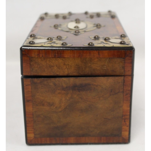 203 - Victorian burr walnut tea caddy of rectangular form with crossbanded borders and applied brass and i... 