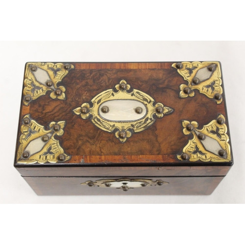 203 - Victorian burr walnut tea caddy of rectangular form with crossbanded borders and applied brass and i... 