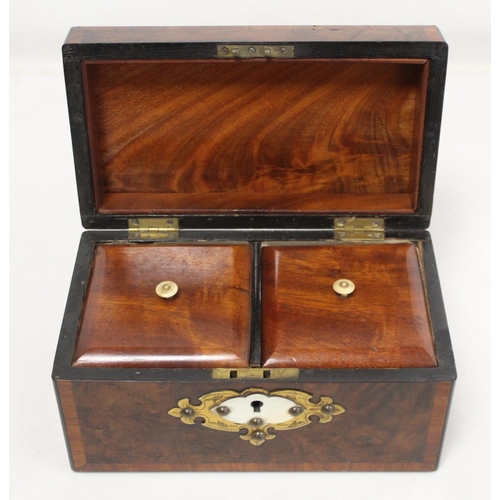 203 - Victorian burr walnut tea caddy of rectangular form with crossbanded borders and applied brass and i... 