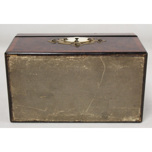 203 - Victorian burr walnut tea caddy of rectangular form with crossbanded borders and applied brass and i... 