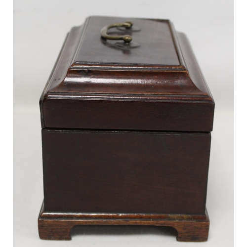 204 - Georgian mahogany tea caddy of rectangular form on four bracket feet with single brass swing handle ... 