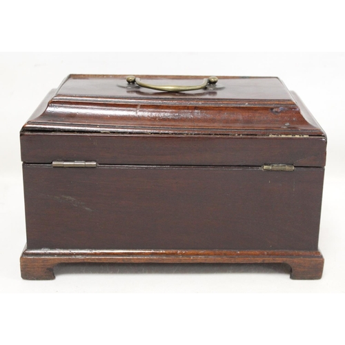 204 - Georgian mahogany tea caddy of rectangular form on four bracket feet with single brass swing handle ... 