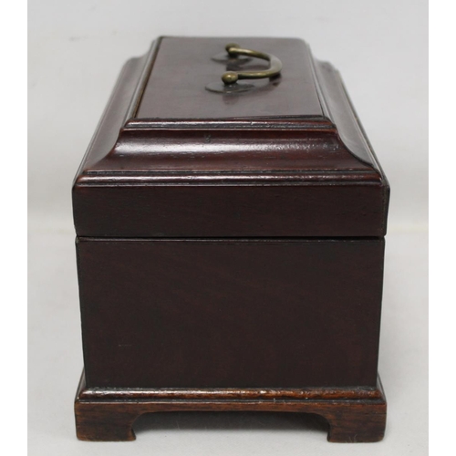 204 - Georgian mahogany tea caddy of rectangular form on four bracket feet with single brass swing handle ... 