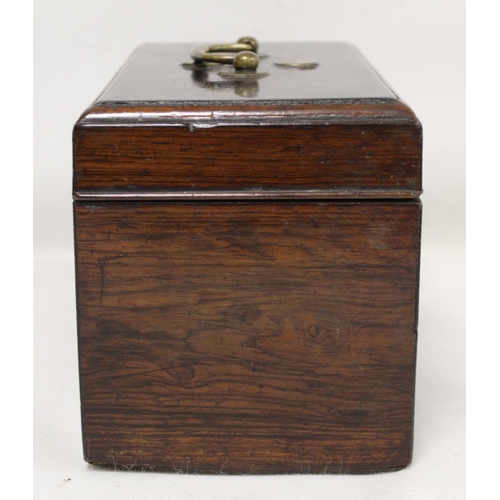 205 - Georgian rosewood tea caddy of rectangular form with single brass swing handle, inlaid brass roundel... 