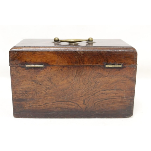 205 - Georgian rosewood tea caddy of rectangular form with single brass swing handle, inlaid brass roundel... 