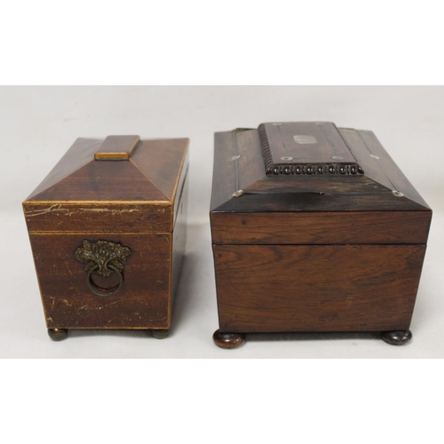 206 - Georgian mahogany tea caddy of sarcophagus form with twin ring handles, inlaid stringing and four ba... 