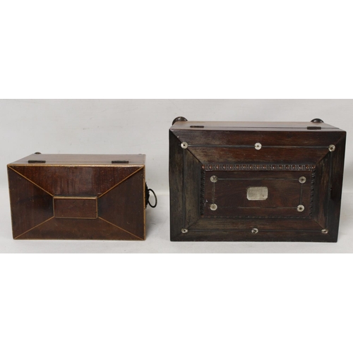 206 - Georgian mahogany tea caddy of sarcophagus form with twin ring handles, inlaid stringing and four ba... 